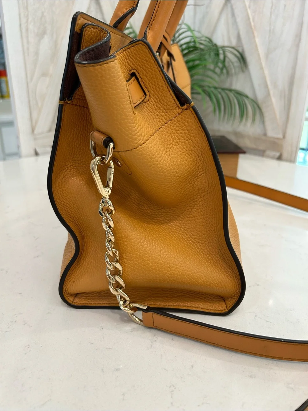 Michael Kors Tan Pebbled Leather Satchel with Chain Strap